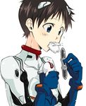  androgynous blush capsule eating ikari_shinji maka_(morphine) male_focus mass_production_eva mouth_hold neon_genesis_evangelion plugsuit simple_background solo tareme upper_body white_background 