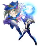  bare_shoulders black_magician_girl blonde card dark_magician_girl detached_sleeves wand witch_hat yami_yuugi yugioh 