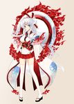  amaterasu_(mythology) animal_ears bad_id bad_pixiv_id blue_eyes chun_(friendly_sky) facial_mark fire hair_ornament japanese_clothes japanese_mythology jewelry kimono ponytail ring simple_background solo tail thighhighs white_hair white_legwear wolf wolf_ears wolf_tail yujie_shenji 