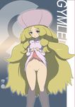  1girl bee-j1 blonde_hair blush breasts cattleya_(pokemon) dress dress_lift elite_four erect_nipples flat_chest green_eyes hat highres long_hair makoto_daikichi open_mouth pokemon pokemon_(game) pokemon_black_and_white pokemon_bw pussy small_breasts solo uncensored very_long_hair 