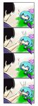  &gt;_&lt; 1girl 4koma :3 blue_hair blush cheek_pinching chibi closed_eyes comic flower haetorisou highres karakasa_obake leaf pinching short_hair skirt tatara_kogasa tears touhou translated umbrella x3 