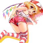  adjusting_clothes alternate_costume armpits ass bare_shoulders baseball_cap blonde_hair fang flandre_scarlet flat_chest hat open_mouth panties red_eyes shirt shorts side_ponytail solo striped striped_legwear striped_panties sushoyushi thighhighs touhou underwear upshirt upshorts wings 