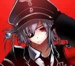  armband chain eyepatch grey_hair hair_ornament hat kanzashi kurasaki_cority military military_uniform mole mole_under_eye nazi original peaked_cap red_eyes short_hair simple_background solo swastika uniform 