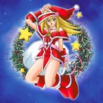  bare_shoulders black_magician_girl blonde christmas costume dark_magician_girl detached_sleeves santa_costume yugioh 