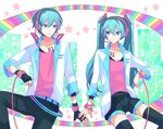  1girl aqua_eyes aqua_hair bad_id bad_pixiv_id fingerless_gloves genderswap genderswap_(ftm) gloves hatsune_miku hatsune_mikuo headphones headset kyo722 long_hair shorts thighhighs twintails very_long_hair vocaloid 