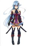  blue_hair boots gauntlets hair_ornament hairclip long_hair original pepe_(jonasan) purple_eyes skirt solo thighhighs very_long_hair weapon 