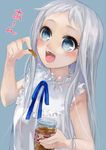  ano_hi_mita_hana_no_namae_wo_bokutachi_wa_mada_shiranai. bad_id bad_pixiv_id blue_eyes blush dress eating face food highres honma_meiko jar long_hair namesake open_mouth pisuke pun silver_hair solo 