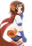  arcana_heart blush brown_hair buruma dog_tail fingerless_gloves gloves gym_uniform headband inumimi kemonomimi konoha_(arcana_heart) kunai looking_back red_eyes scarf short_hair solo tail thigh_gap weapon yn 