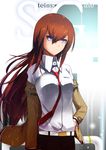  blue_eyes brown_hair hand_on_hip highres jacket kurasaki_cority long_hair makise_kurisu necktie red_neckwear solo steins;gate 