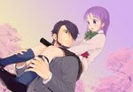  1girl bad_id bad_pixiv_id beard carrying diploma facial_hair father_and_daughter graduation hair_over_one_eye higebu highres inazuma_eleven inazuma_eleven_(series) kudou_fuyuka kudou_michiya long_hair open_mouth purple_eyes purple_hair school_uniform shoulder_carry tube 