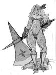  abs amazon_(dragon's_crown) armlet armor bikini_armor boots breasts circlet dragon's_crown feathers gloves greyscale halberd large_breasts long_hair monochrome muscle muscular_female nipples polearm shiwasu_no_okina solo tattoo thick_thighs thighs weapon 