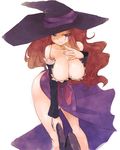  bare_shoulders breasts brown_hair cleavage dragon's_crown dress hat homura_subaru huge_breasts leaning_forward legs light_smile long_hair naughty_face purple_eyes side_slit simple_background solo sorceress_(dragon's_crown) staff strapless strapless_dress thighs witch_hat 