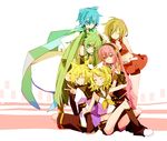  4girls aqua_eyes aqua_hair aqua_scarf belt blonde_hair closed_eyes detached_sleeves green_eyes green_hair hair_ornament hair_ribbon hairclip hatsune_miku headset kagamine_len kagamine_rin kaito leg_warmers megurine_luka meiko midriff multiple_boys multiple_girls navel pink_hair ribbon sailor_collar scarf sitting skirt smile thighhighs v vocaloid yoshiki 