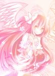  bow cross cuivre dress flower hair_bow kaname_madoka long_hair mahou_shoujo_madoka_magica pink_hair solo spoilers ultimate_madoka wings yellow_eyes 