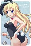  animal_ears ass bad_id bad_pixiv_id blonde_hair blue_eyes bunny_ears bunnysuit dice fishnet_pantyhose fishnets long_hair looking_back original pantyhose solo utsurogi_akira 