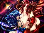  2girls asymmetrical_docking blue_eyes blue_hair bottomless breast_press breasts curvy deep_skin demon demon_girl demon_wings detached_sleeves flying horns huge_breasts lipstick long_hair makeup multiple_girls no_bra no_panties nude red_eyes red_hair red_lipstick succubus tail thighhighs tongue topless tsukasawa_takamatsu tsukazawa wavy_hair wings 