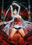  absurdres battle black_hair blood breasts coat copyright_request cuts detached_sleeves flower guro highres holding holding_sword holding_weapon injury katana medium_breasts open_mouth sajima_makoto short_hair shorts spider_lily sword weapon yellow_eyes 
