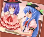  blue_hair blush capelet food fruit hinanawi_tenshi long_hair multiple_girls nagae_iku negija purple_hair saliva short_hair strawberry touhou 