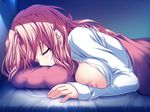  1girl akaza bed breasts brown_hair eyes_closed game_cg henshin_3 indoors nipples open_clothes open_shirt saliva shirt sleeping solo tongue 