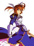  anime_coloring armor armored_dress artoria_pendragon_(all) bow brown_hair cosplay dress excalibur fate/stay_night fate_(series) gauntlets hair_bow hair_ornament highres lyrical_nanoha mahou_shoujo_lyrical_nanoha narusemi parody puffy_sleeves purple_eyes saber saber_(cosplay) solo style_parody sword takamachi_nanoha twintails weapon white_background 