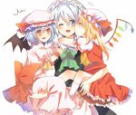  bad_id bad_pixiv_id bat_wings blonde_hair blue_hair blush carrying flandre_scarlet hyouka_(rat_hut) izayoi_sakuya kiss maid_headdress multiple_girls one_eye_closed red_eyes remilia_scarlet short_hair side_ponytail silver_hair touhou wings 