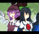  alternate_hair_color animal_ears bad_id bad_pixiv_id black_hair blush bow cape closed_eyes hair_bow haruka225 hat letterboxed long_hair multiple_girls music musical_note mystia_lorelei open_mouth peaceful purple_hair reiuji_utsuho shade short_hair singing smile third_eye touhou wings 