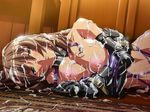  blush breasts brown_hair bukkake collar crossed_arms dutch_angle elbow_gloves empty_eyes gloves inui_reona kuro_ai large_breasts long_hair lying nipples on_side oppai semen solo 