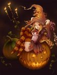  halloween hat jack-o'-lantern original pumpkin solo striped striped_legwear thighhighs toshi witch_hat 