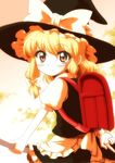  backpack bag black_dress blonde_hair blush braid broom broom_riding dress greatestwashi hat highres kirisame_marisa pointing pointing_down randoseru school_bag shirt smile solo touhou witch witch_hat yellow_eyes 