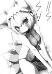  asano_shimon bare_shoulders blush breast_squeeze breasts dutch_angle fox_tail greyscale hat highres medium_breasts monochrome multiple_tails naked_tabard no_bra no_panties perspective scan short_hair sitting solo tabard tail touhou yakumo_ran 