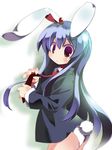  1girl animal_ears blue_hair bunny_ears bunny_tail female formal kemonomimi long_hair lowres necktie panties pantsu red_eyes reisen_udongein_inaba solo suit tail tomato_kandume tomatomato_(tomato_kanzume) touhou underwear usamimi 