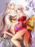  animal_ears blush breasts cleavage dog_ears flower genderswap gold_eyes highres inuyasha inuyasha_(character) japanese_clothes kimono legs pink_nails sesshoumaru siblings white_hair yellow_eyes 