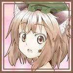  animal_ears border brown_eyes brown_hair bug cat_ears chen close-up colored_eyelashes earrings face hat insect jewelry kuro_oolong ladybug open_mouth short_hair solo staring touhou wide-eyed 