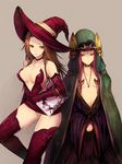  breasts brown_hair cressida_obdilord deneb_rove elbow_gloves gloves hat jewelry kara_(color) long_hair medium_breasts multiple_girls necklace panties robe tactics_ogre thighhighs underwear witch_hat 