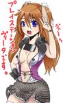  blue_eyes breasts brown_hair cleavage feccso hair_ornament handheld_game_console long_hair medium_breasts no_bra open_clothes open_mouth personification playstation_vita skirt solo thighhighs twintails v 