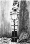  bdsm bondage bound female full_body highres monochrome nude panties pantis schoolgirl solo underwear 