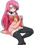  1girl censored futanari genderswap hayate_no_gotoku! katsura_hinagiku long_hair madakino pantyhose penis pink_hair school_uniform serafuku simple_background solo tights 