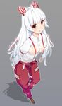  alcohol_(coldfront) bad_id bad_pixiv_id blush bow breasts culottes fujiwara_no_mokou hair_bow highres leaning_forward long_hair medium_breasts nipples no_bra pants red_eyes see-through shadow shirt simple_background solo suspenders touhou very_long_hair wet wet_clothes wet_shirt white_hair 