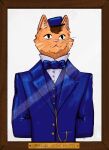  ambiguous_gender anthro bow_tie clothed clothing colored domestic_cat drawfee_(copyright) drawtectives english_text facial_markings felid feline felis felix_(drawtectives) fully_clothed fur head_markings hi_res inner_ear_fluff itskatieclearly mammal markings orange_body orange_fur photo picture_frame pink_nose prick_ears shaded smile solo striped_body striped_fur stripes suit suit_jacket text tuft whiskers 
