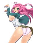  akashiya_moka ass bent_over blush breasts green_shirt highres imazon large_breasts nipples open_clothes open_shirt panties pantyshot rosario+vampire shirt skirt solo trefoil underwear 