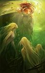  blonde_hair brown_hair bubble closed_eyes leaf long_hair mermaid monster_girl multiple_girls nude original sandara underwater water 