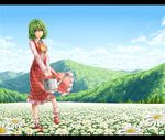  ascot cloud daisy day field flower flower_field green_hair kazami_yuuka landscape mountain nature pitcher plaid plaid_skirt plaid_vest red_eyes scenery short_hair skirt skirt_set solo touhou vest wasabichan watering_can 