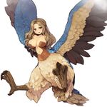 7010 blush breasts brown_eyes brown_hair claws cleavage dragon's_crown feathered_wings feathers harpy harpy_(dragon's_crown) large_breasts light_smile long_hair monster_girl open_mouth simple_background solo white_background wings 