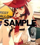  alcohol aqua_eyes bare_shoulders bottle breasts brown_hair cosplay engrish guilty_gear hat i-no i-no_(cosplay) large_breasts long_hair navel ranguage red_hat rei_(pixiv_187780) sample sideboob solo 