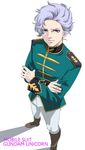  angelo_sauper boots crossed_arms from_above gundam gundam_unicorn male_focus military military_uniform mns purple_eyes silver_hair simple_background solo toggles uniform white_background 