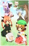  animal_ears back-to-back basket blazer bow braid brown_eyes brown_hair bunny_ears capelet cat cat_ears cat_tail chen chibi child dress earrings hair_bow hat holding_hands in_tree inaba_tewi interlocked_fingers inubashiri_momiji jacket jewelry kaenbyou_rin long_hair mary_janes mouse mouse_ears mouse_tail multiple_girls multiple_tails nazrin necktie no_socks one_eye_closed pendant pila-pela pleated_skirt pointy_ears red_eyes red_hair reisen_udongein_inaba shoes short_hair silver_hair sitting sitting_in_tree skirt tail touhou tree twin_braids twintails wheelbarrow white_hair wolf_ears 