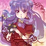  animal bangs bell border bracelet chinese_clothes clothed_animal colored_eyelashes double_bun eyebrows_visible_through_hair gradient gradient_background hair_bell hair_ornament hibiki_ryouga holding jewelry jingle_bell light_brown_hair long_hair looking_at_viewer o3o p-chan pig purple_hair ranma_1/2 red_eyes shampoo_(ranma_1/2) short_sleeves sidelocks star tomomi_(mltplus) upper_body w_arms 