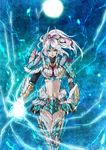  amksr417 armor bad_id bad_pixiv_id blue_eyes electricity full_moon lightning long_hair midriff monster_hunter monster_hunter_portable_3rd moon navel ponytail solo white_hair zinogre_(armor) 