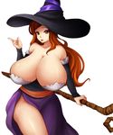  bare_shoulders breasts brown_eyes brown_hair cleavage curvy detached_sleeves dragon's_crown dress eyeshadow hat highres huge_breasts long_hair makeup side_slit solo sorceress_(dragon's_crown) staff strapless strapless_dress witch_hat 