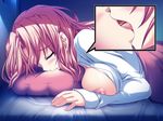  1girl akaza bed blush breasts brown_hair clueless dreaming eyes_closed game_cg henshin_3 kiss kissing nipples oblivious open_clothes open_shirt saliva shirt sleeping tongue 